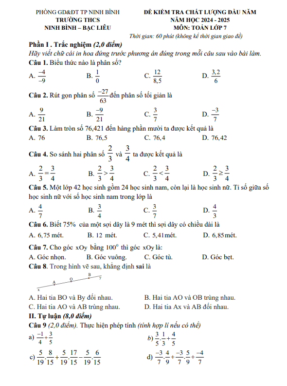 Đề kiểm tra Toán 7 đầu năm 2024 – 2025 trường THCS Ninh Bình – Bạc Liêu – Ninh Bình