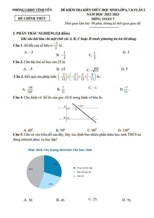 Đề kiểm tra Toán 7 lần 2 năm 2022 – 2023 phòng GD&ĐT Vĩnh Yên – Vĩnh Phúc