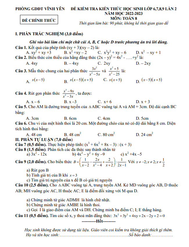 Đề kiểm tra Toán 8 lần 2 năm 2022 – 2023 phòng GD&ĐT Vĩnh Yên – Vĩnh Phúc