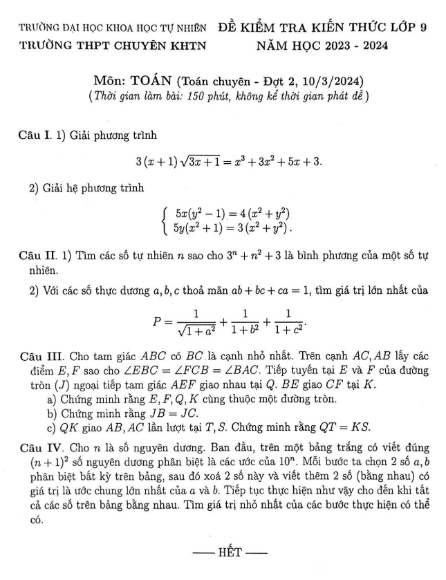 Đề kiểm tra Toán 9 (chuyên) đợt 2 năm 2023 – 2024 trường chuyên KHTN – Hà Nội
