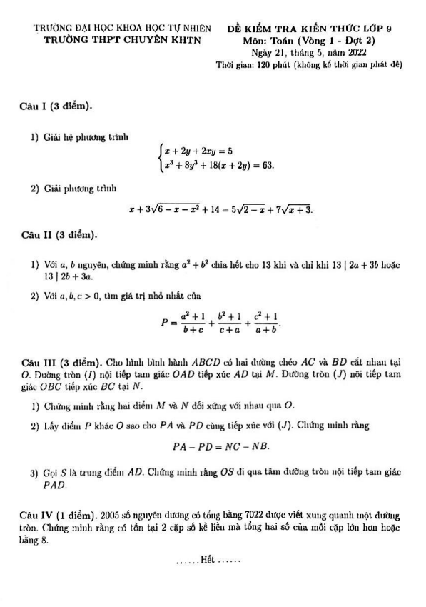 Đề kiểm tra Toán 9 năm 2022 trường chuyên KHTN – Hà Nội (Vòng 1 – Đợt 2)