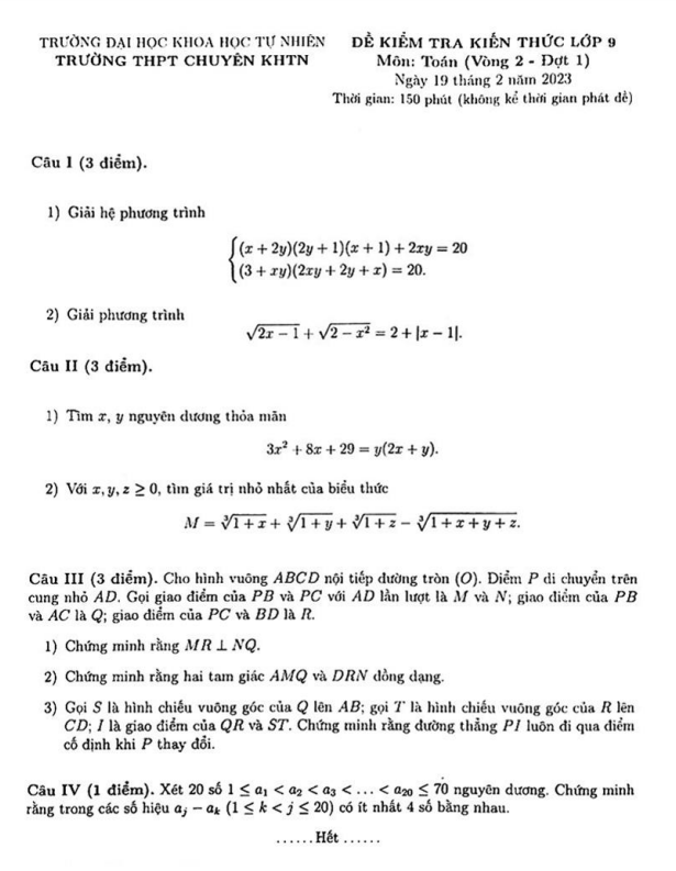 Đề kiểm tra Toán 9 năm 2023 trường chuyên KHTN – Hà Nội (Vòng 2 – Đợt 1)