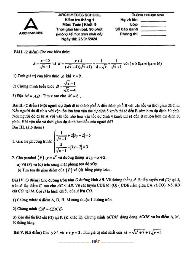 Đề kiểm tra Toán 9 tháng 1 năm 2024 hệ thống giáo dục Archimedes School – Hà Nội