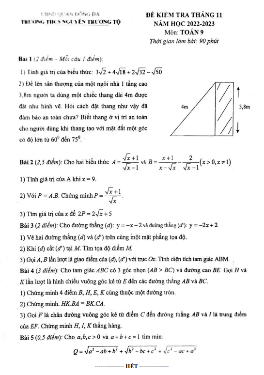 Đề kiểm tra Toán 9 tháng 11 năm 2022 trường THCS Nguyễn Trường Tộ – Hà Nội