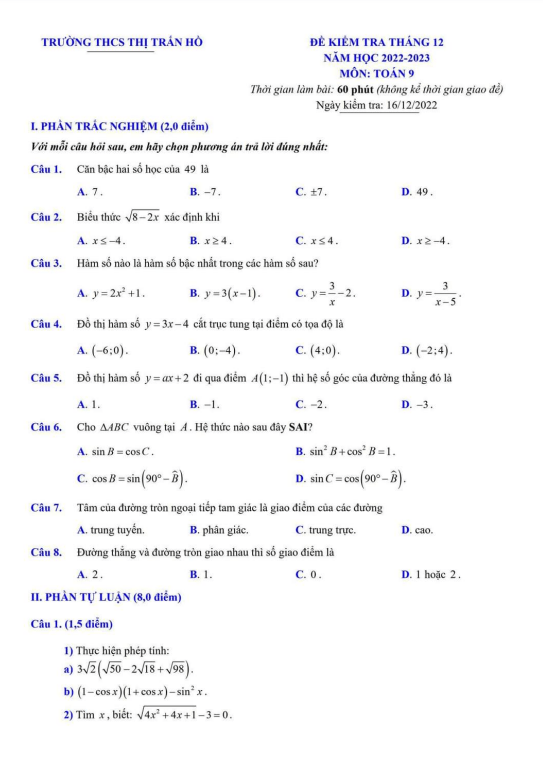 Đề kiểm tra Toán 9 tháng 12 năm 2022 trường THCS Thị trấn Hồ – Bắc Ninh