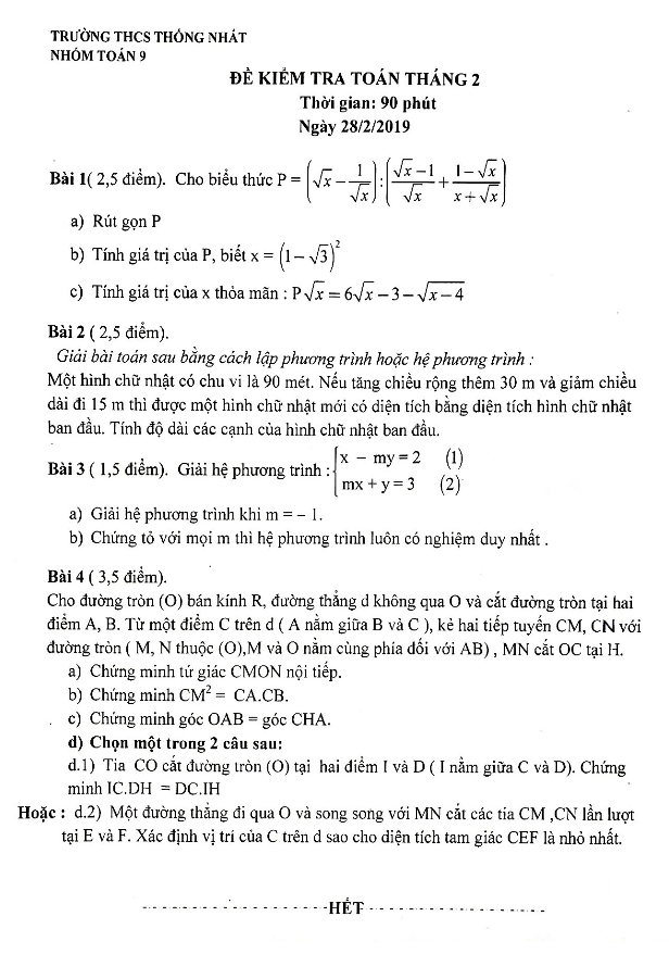 Đề kiểm tra Toán 9 tháng 2/2019 trường THCS Thống Nhất – Hà Nội