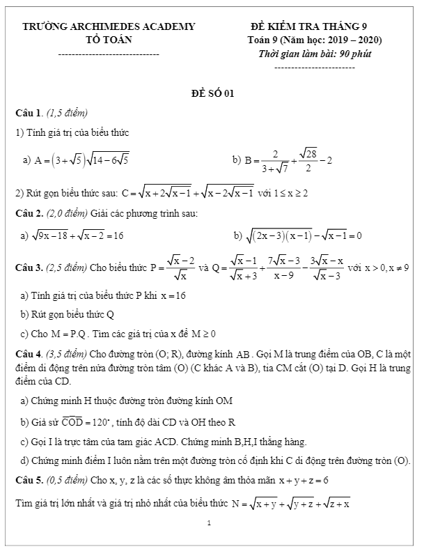 Đề kiểm tra Toán 9 tháng 9 năm 2019 – 2020 trường Archimedes Academy – Hà Nội