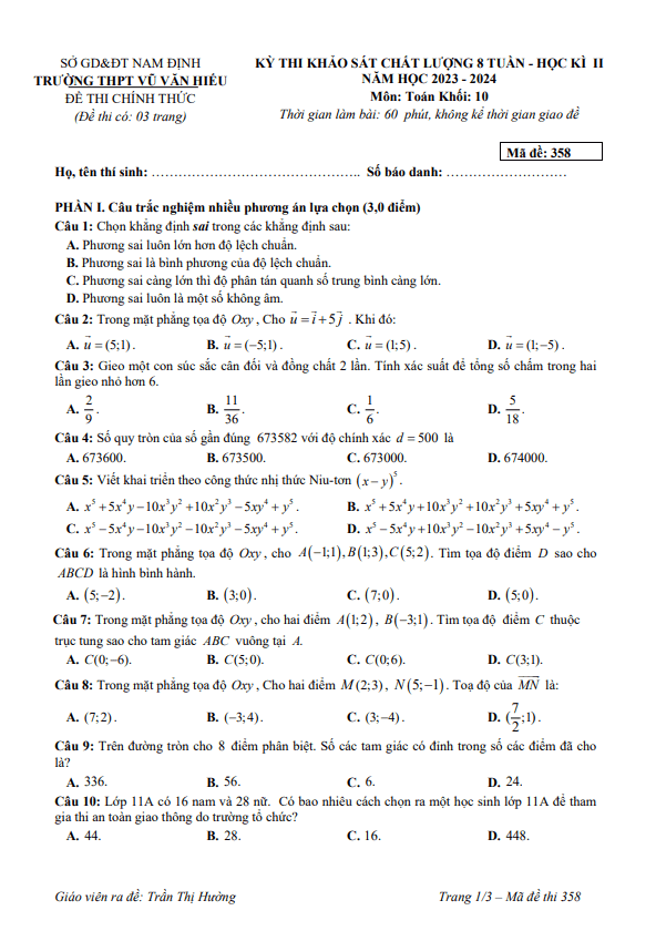 Đề KSCL 8 tuần kì 2 Toán 10 năm 2023 – 2024 trường THPT Vũ Văn Hiếu – Nam Định