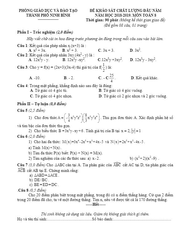 Đề KSCL đầu năm 2018 – 2019 Toán 8 phòng GD và ĐT thành phố Ninh Bình