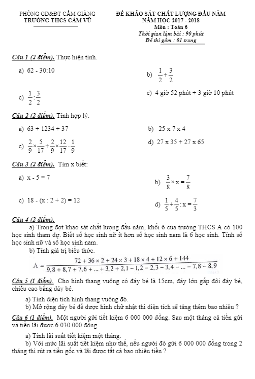 Đề KSCL đầu năm năm học 2017 – 2018 môn Toán 6 trường THCS Cẩm Vũ – Hải Dương