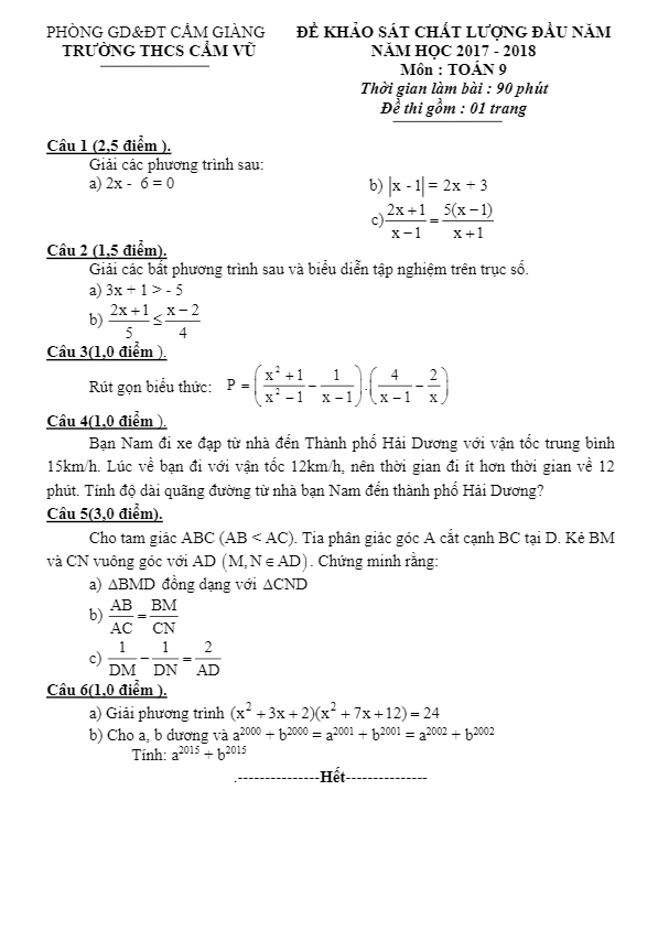 Đề KSCL đầu năm năm học 2017 – 2018 môn Toán 9 trường THCS Cẩm Vũ – Hải Dương