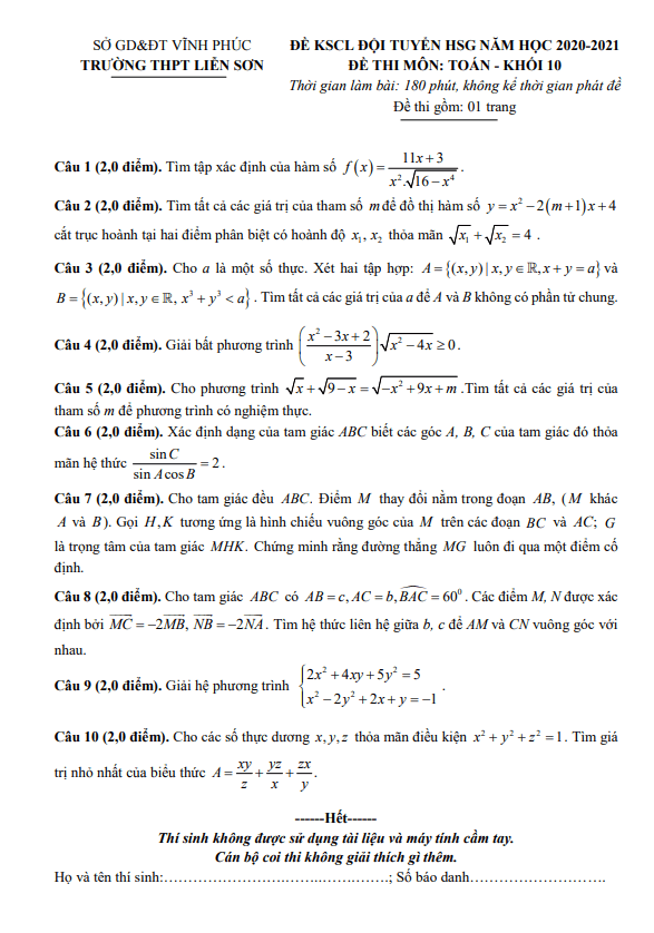 Đề KSCL đội tuyển HSG Toán 10 năm 2020 – 2021 trường Liễn Sơn – Vĩnh Phúc