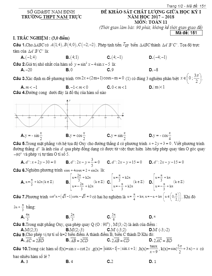 Đề KSCL giữa học kỳ 1 năm học 2017 – 2018 môn Toán 11 trường THPT Nam Trực – Nam Định