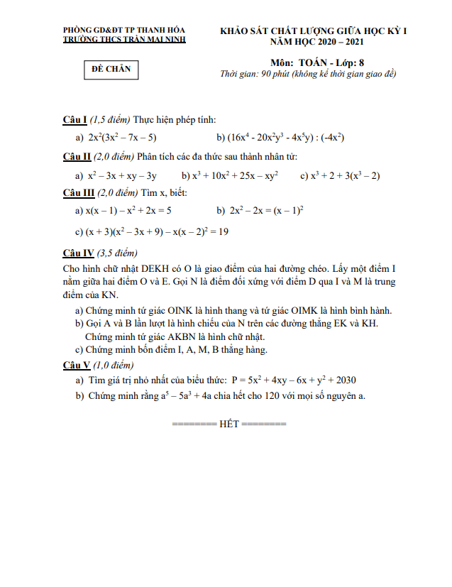 Đề KSCL giữa kỳ 1 Toán 8 năm 2020 – 2021 trường THCS Trần Mai Ninh – Thanh Hóa