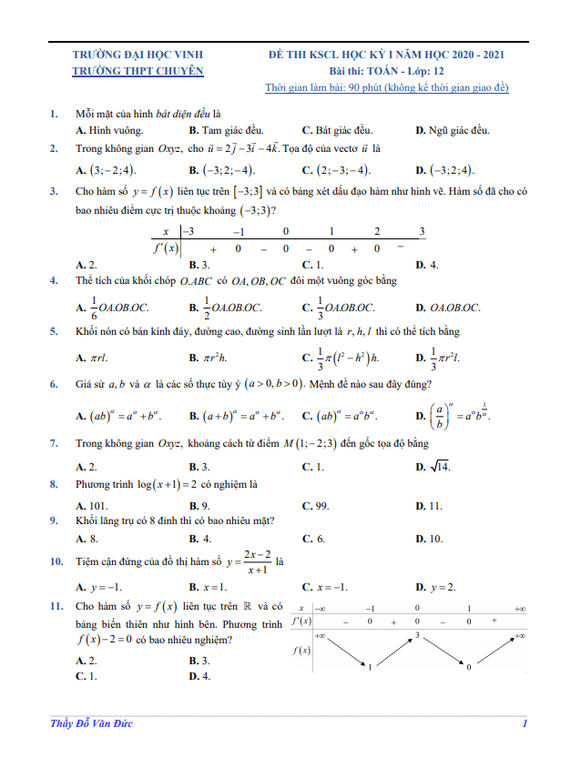 Đề KSCL học kỳ 1 Toán 12 năm 2020 – 2021 trường chuyên Đại học Vinh – Nghệ An