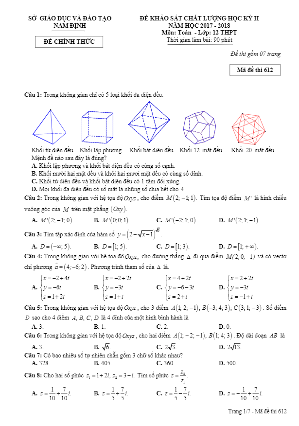 Đề KSCL học kỳ 2 Toán 12 năm học 2017 – 2018 sở GD và ĐT Nam Định