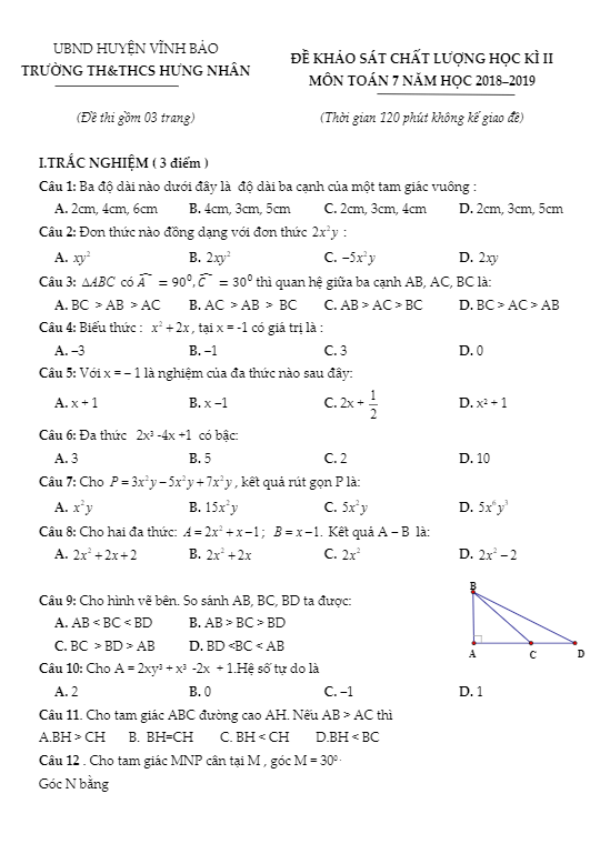 Đề KSCL học kỳ 2 Toán 7 năm 2018 – 2019 trường Hưng Nhân – Hải Phòng