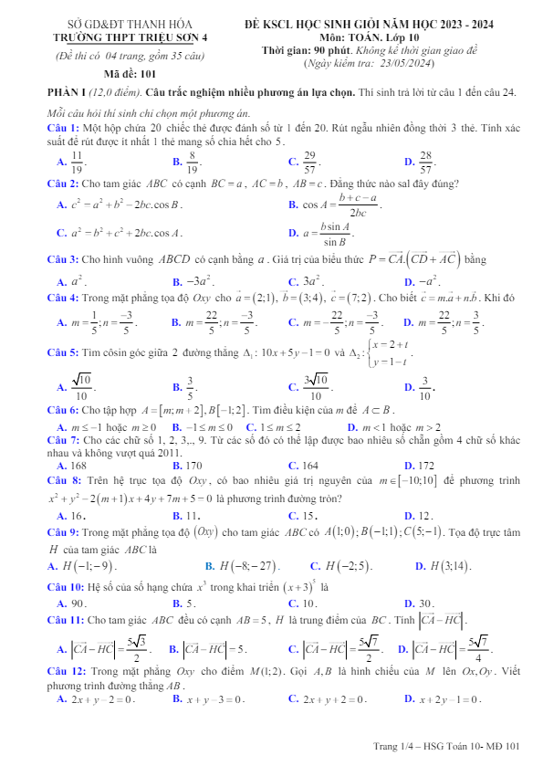 Đề KSCL học sinh giỏi Toán 10 năm 2023 – 2024 trường THPT Triệu Sơn 4 – Thanh Hóa