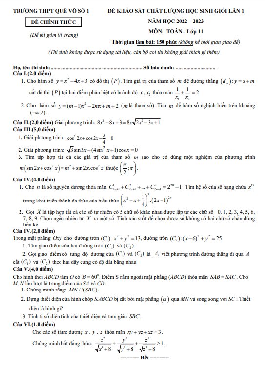 Đề KSCL học sinh giỏi Toán 11 lần 1 năm 2022 – 2023 trường THPT Quế Võ 1 – Bắc Ninh