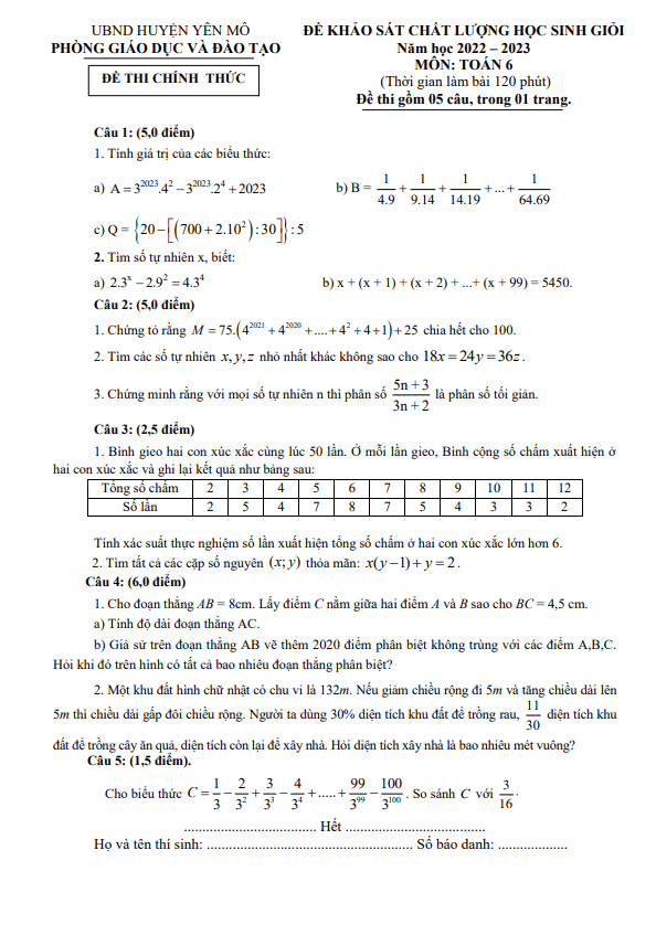 Đề KSCL học sinh giỏi Toán 6 năm 2022 – 2023 phòng GD&ĐT Yên Mô – Ninh Bình