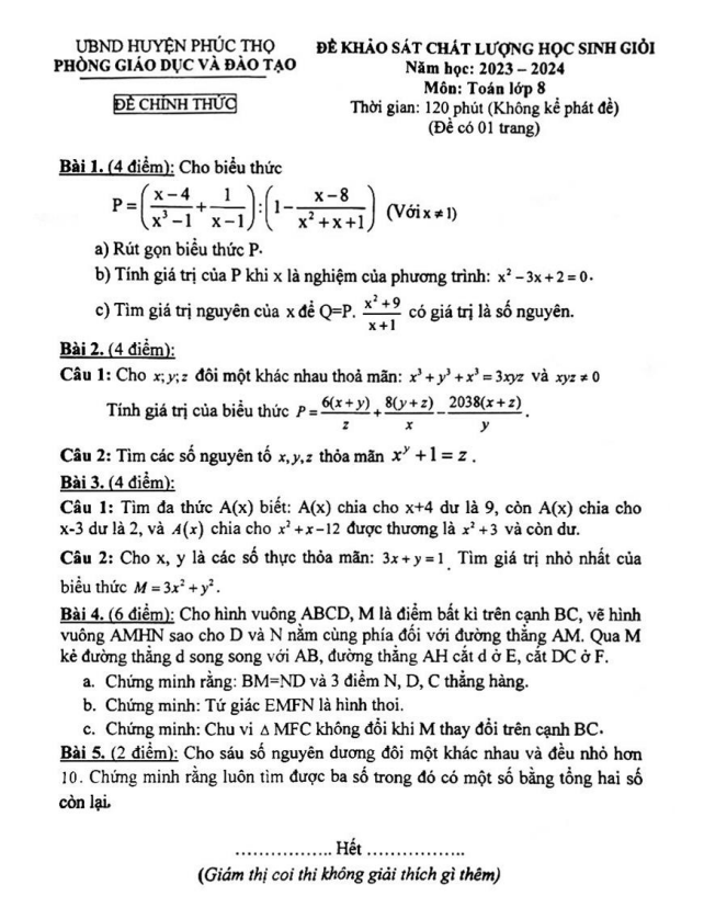 Đề KSCL học sinh giỏi Toán 8 năm 2023 – 2024 phòng GD&ĐT Phúc Thọ – Hà Nội