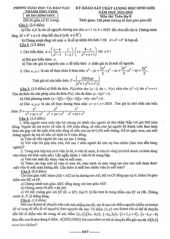 Đề KSCL học sinh giỏi Toán 8 năm 2023 – 2024 phòng GD&ĐT Vinh – Nghệ An