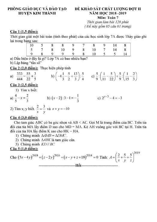 Đề KSCL Toán 7 đợt 2 năm 2018 – 2019 phòng GD&ĐT Kim Thành – Hải Dương
