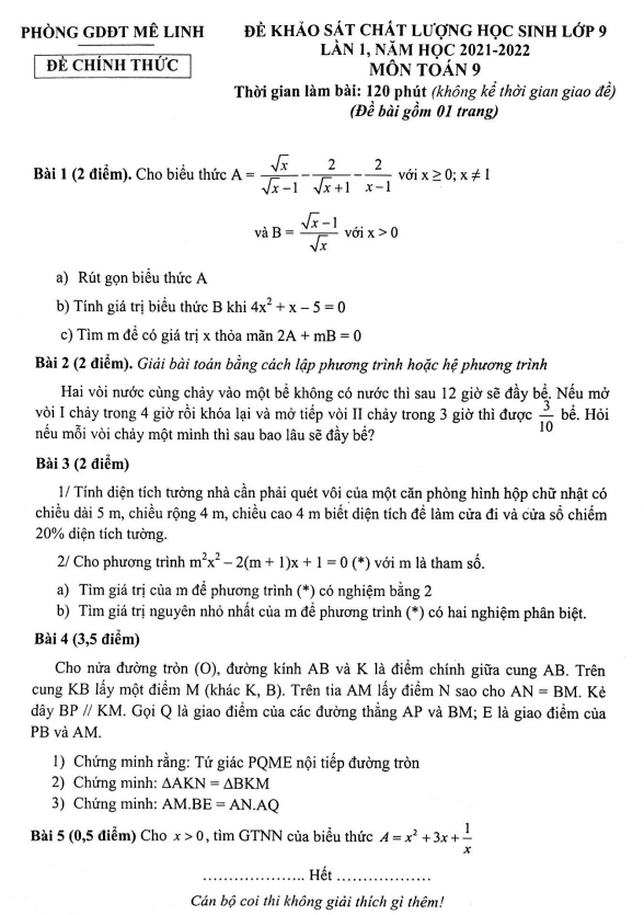 Đề KSCL Toán 9 lần 1 năm 2021 – 2022 phòng GD&ĐT Mê Linh – Hà Nội