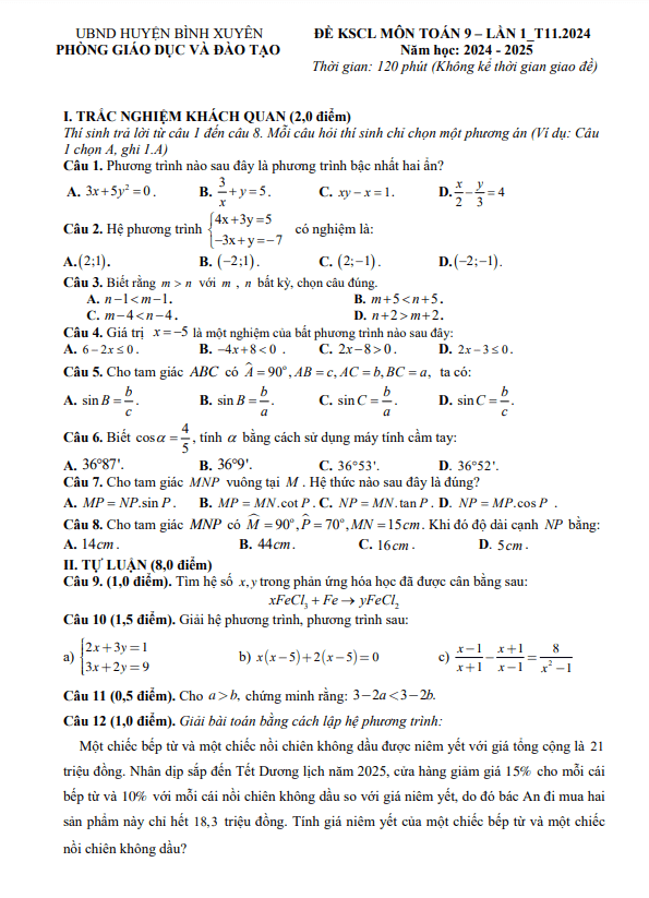 Đề KSCL Toán 9 lần 1 năm 2024 – 2025 phòng GD&ĐT Bình Xuyên – Vĩnh Phúc