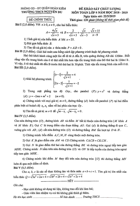 Đề KSCL Toán 9 năm 2018 – 2019 trường THCS Nguyễn Du – Hà Nội