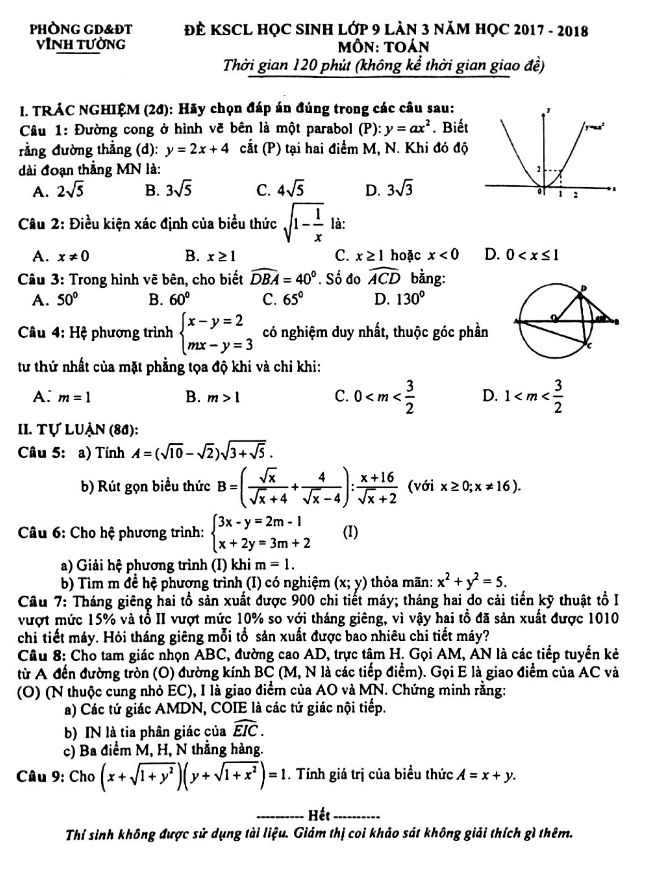 Đề KSCL Toán 9 năm học 2017 – 2018 phòng GD và ĐT Vĩnh Tường – Vĩnh Phúc lần 3