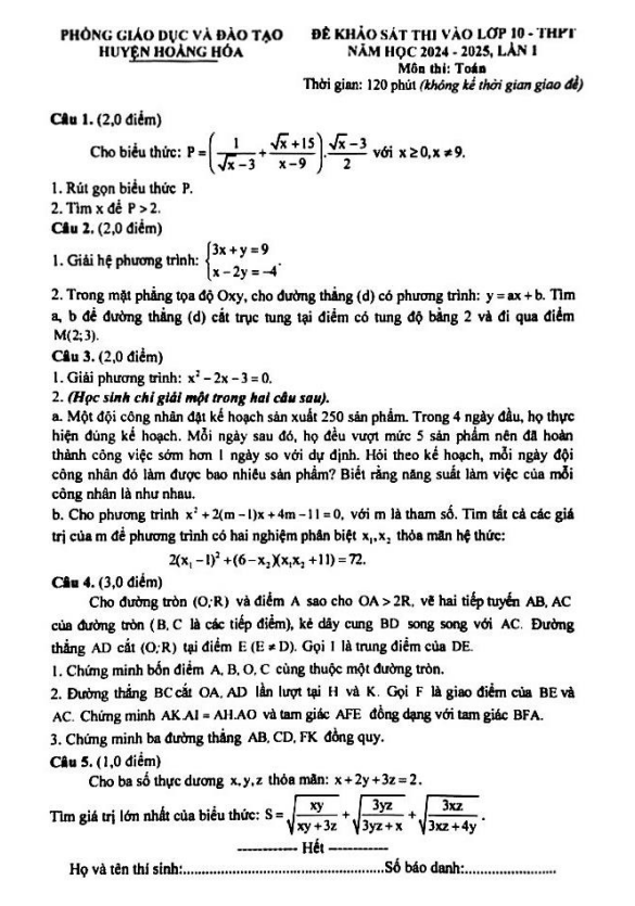 Đề KSCL Toán vào lớp 10 lần 1 năm 2024 – 2025 phòng GD&ĐT Hoằng Hóa – Thanh Hóa