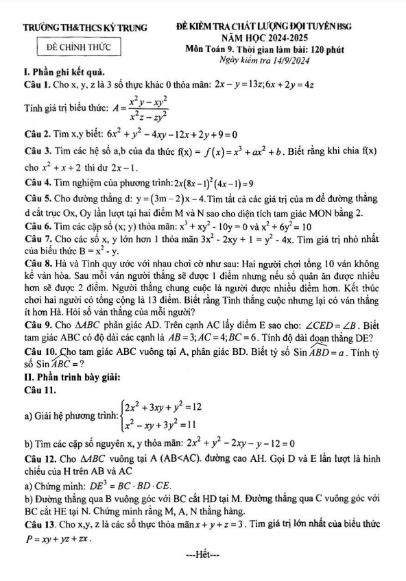 Đề KTCL đội tuyển HSG Toán 9 năm 2024 – 2025 trường TH&THCS Kỳ Trung – Hà Tĩnh