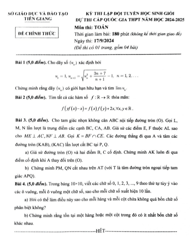 Đề lập đội tuyển thi HSG QG môn Toán THPT năm 2024 – 2025 sở GD&ĐT Tiền Giang