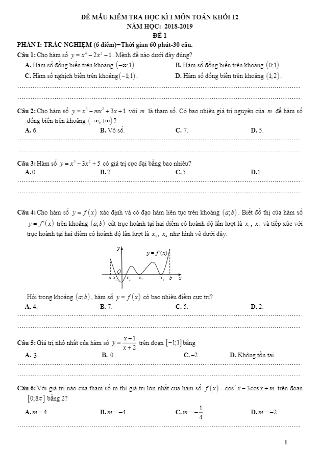 Đề mẫu kiểm tra học kỳ 1 môn Toán 12 năm học 2018 – 2019
