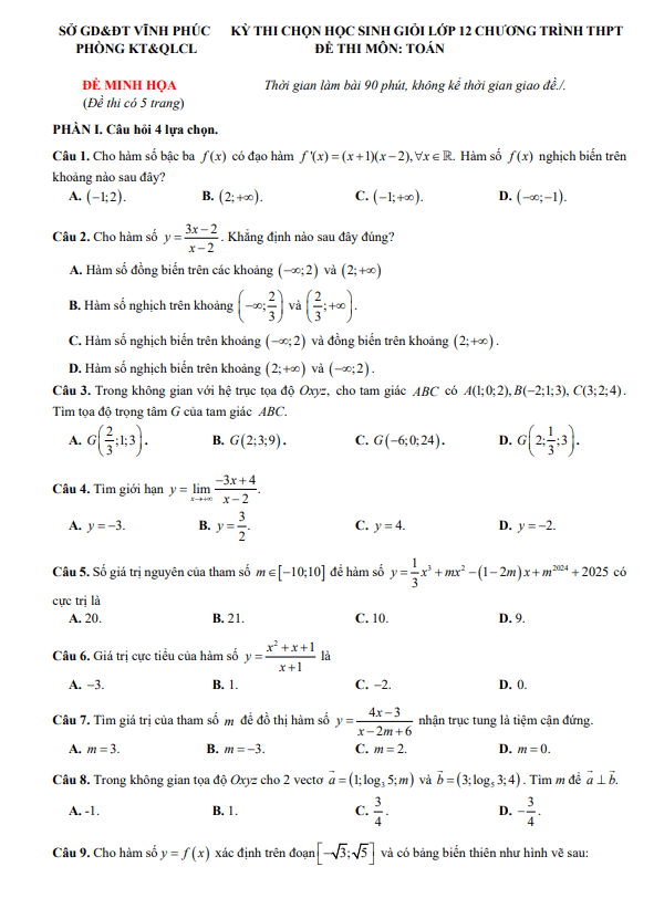Đề minh họa chọn học sinh giỏi Toán 12 năm 2024 – 2025 sở GD&ĐT Vĩnh Phúc