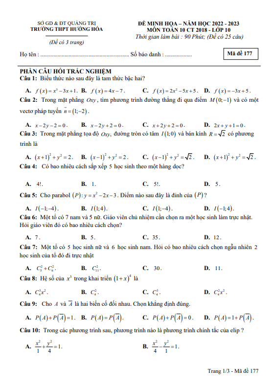 Đề minh họa cuối kì 2 Toán 10 năm 2022 – 2023 trường THPT Hướng Hóa – Quảng Trị