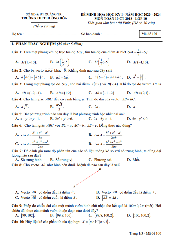 Đề minh họa cuối kỳ 1 Toán 10 năm 2023 – 2024 trường THPT Hướng Hóa – Quảng Trị