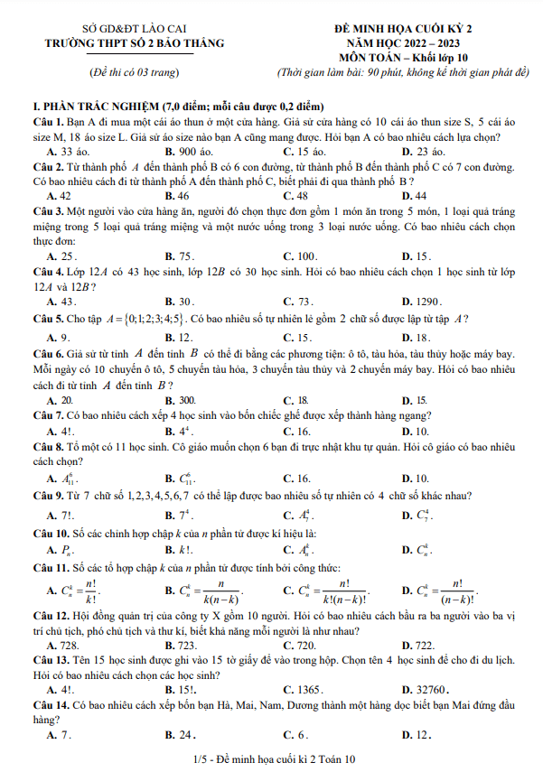 Đề minh họa cuối kỳ 2 Toán 10 năm 2022 – 2023 trường THPT Bảo Thắng 2 – Lào Cai