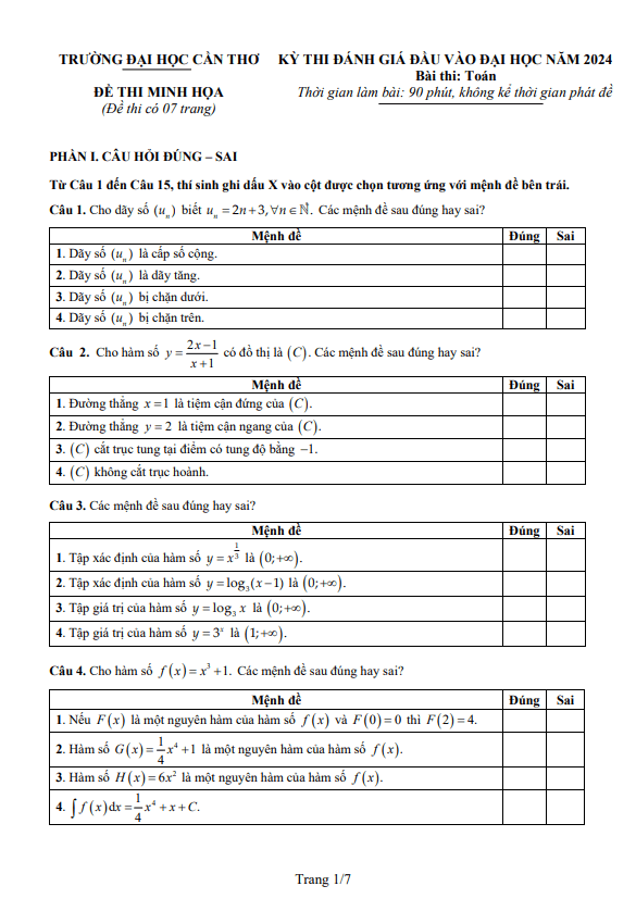 Đề minh họa đánh giá đầu vào Đại học 2024 môn Toán trường Đại học Cần Thơ