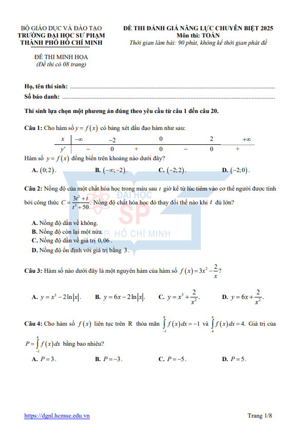 Đề minh họa đánh giá năng lực môn Toán năm 2025 trường ĐHSP TP Hồ Chí Minh