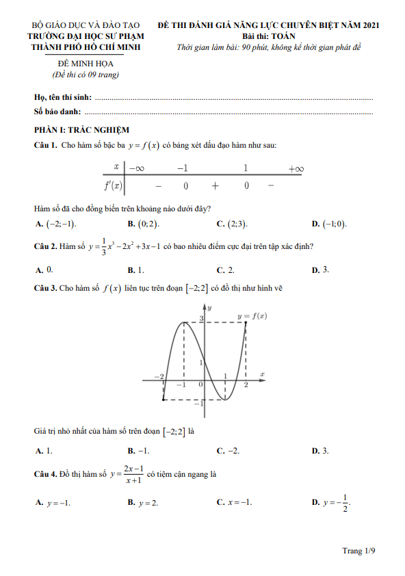 Đề minh họa đánh giá năng lực năm 2021 môn Toán trường ĐHSP – TP HCM