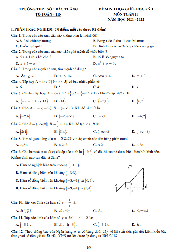 Đề minh họa giữa kỳ 1 Toán 10 năm 2021 – 2022 trường THPT Bảo Thắng 2 – Lào Cai