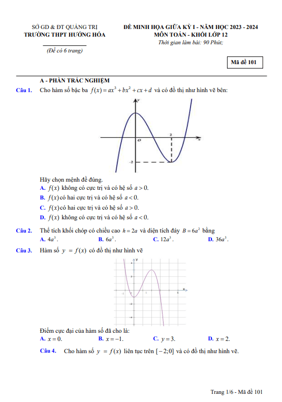 Đề minh họa giữa kỳ 1 Toán 12 năm 2023 – 2024 trường THPT Hướng Hóa – Quảng Trị