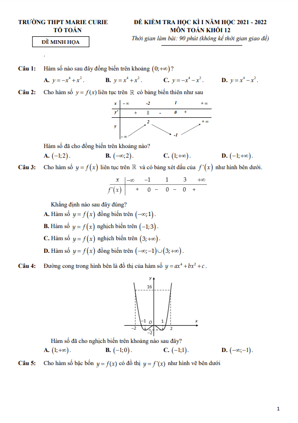 Đề minh họa học kì 1 Toán 12 năm 2021 – 2022 trường THPT Marie Curie – TP HCM