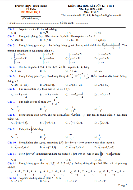Đề minh họa học kì 2 Toán 12 năm 2022 – 2023 trường THPT Triệu Phong – Quảng Trị