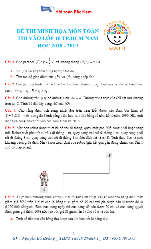 Đề minh họa kỳ thi tuyển sinh lớp 10 THPT năm học 2018 – 2019 môn Toán sở GD và ĐT TP. HCM