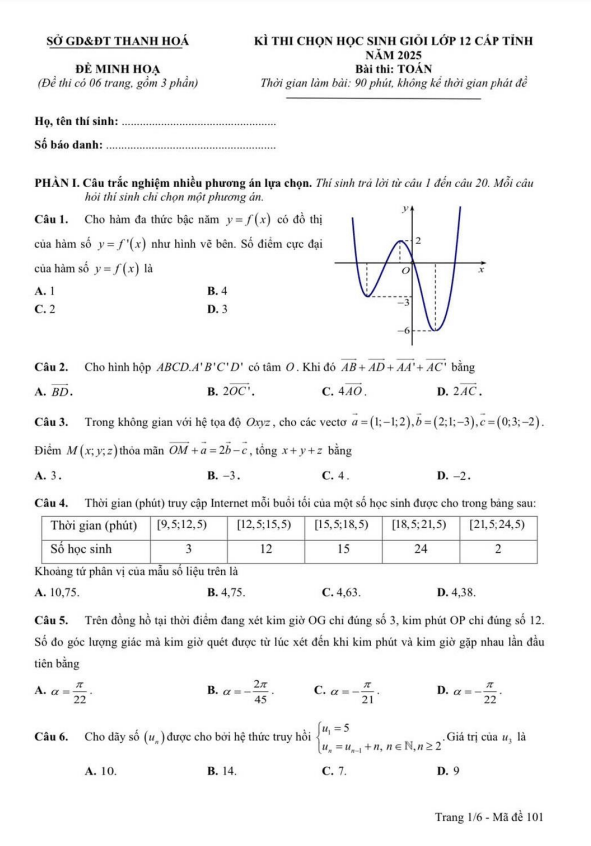 Đề minh họa thi học sinh giỏi Toán 12 cấp tỉnh năm 2025 sở GD&ĐT Thanh Hóa