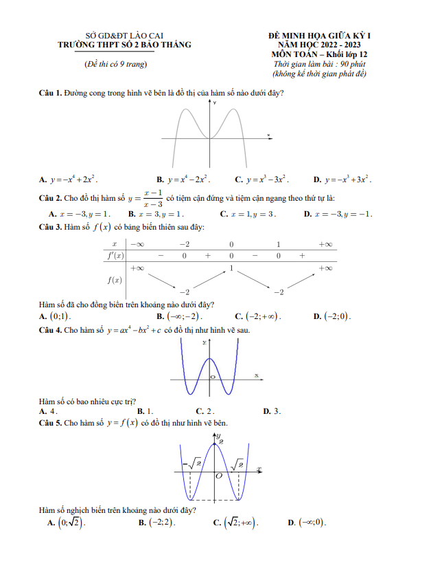 Đề minh họa Toán 12 giữa kì 1 năm 2022 – 2023 trường THPT Bảo Thắng 2 – Lào Cai