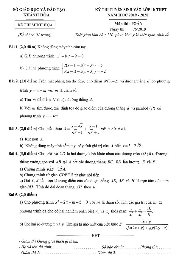 Đề minh họa Toán tuyển sinh lớp 10 năm 2019 – 2020 sở GD&ĐT Khánh Hòa